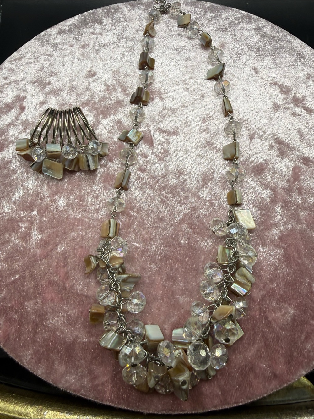 Mother of Pearl Crystal Necklace and Statement Ring Set
